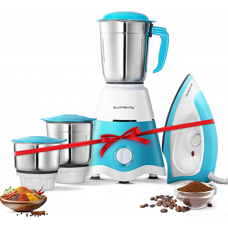 Longway Super Dlx 700 Watt Mixer Grinder with 3 Jars for Grinding, Mixing with Powerful 1100 Watt Dry Iron Blue and White