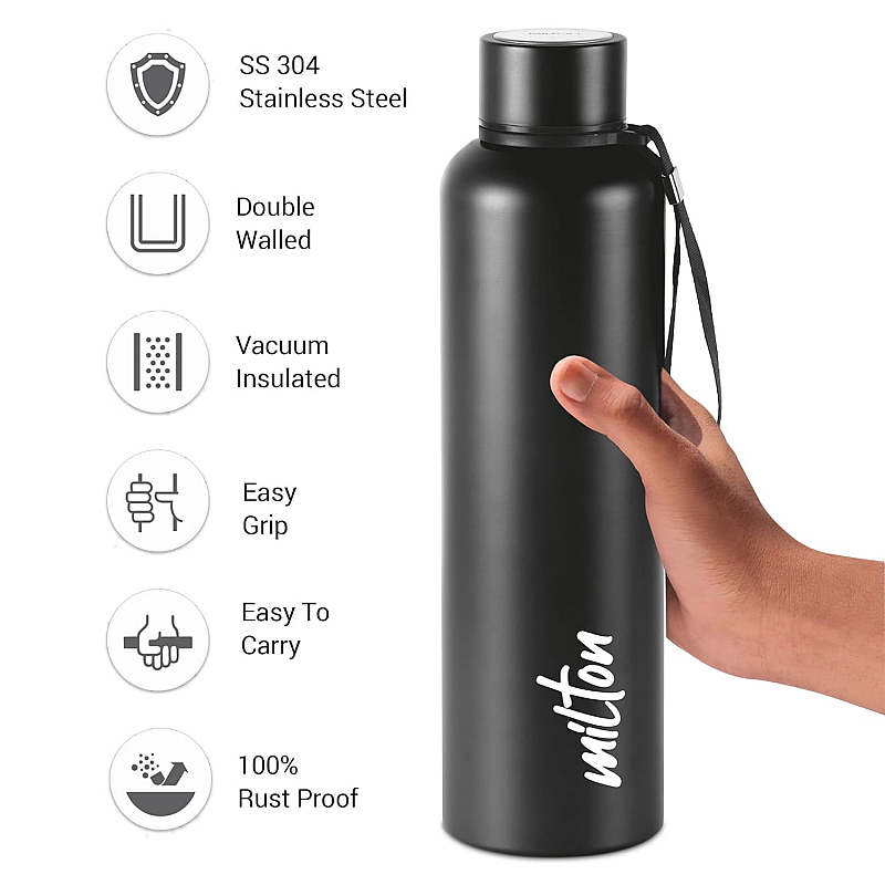 Milton Aura 1000 Thermosteel Bottle, 1.05 litre Black