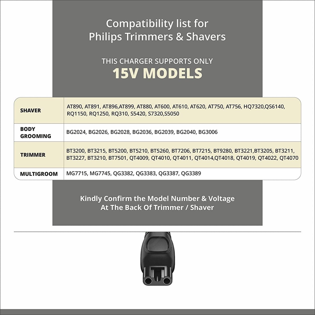 15V USB Charging Cable Compatible With Philips Trimmers & Shavers | HQ8505 Replacement Charger (Complete list of compatible models in bullet point)