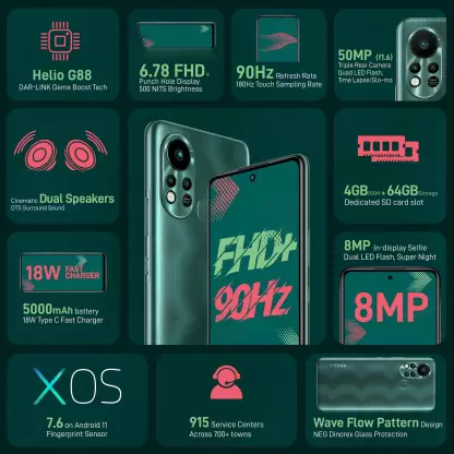 Infinix Hot 11S (Green Wave, 4GB RAM, 64GB Storage) Refurbished