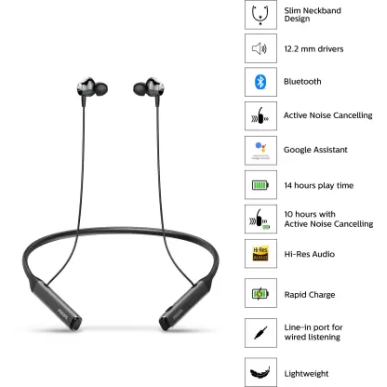 PHILIPS TAPN505 Neckband Earphones with Active Noise Cancellation, Hi-Res Audio Bluetooth Headset Black