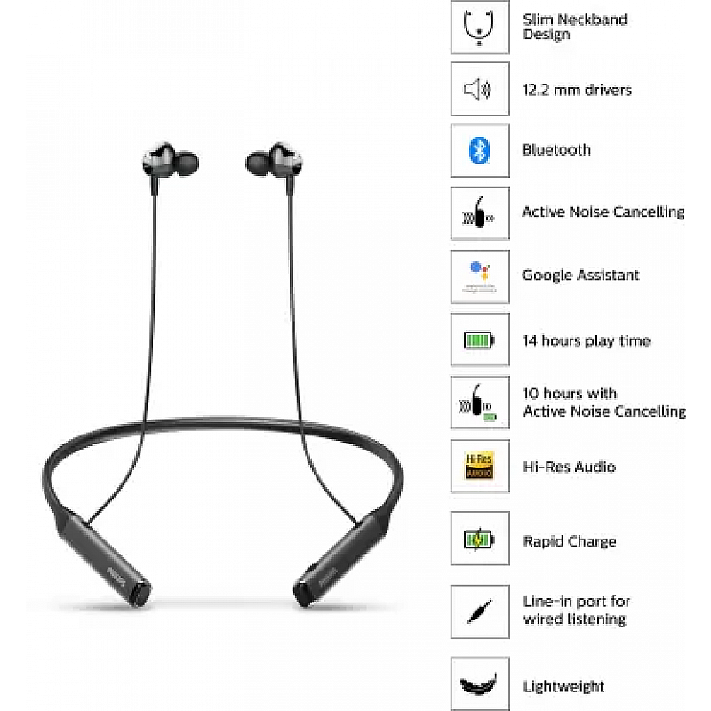 PHILIPS TAPN505 Neckband Earphones with Active Noise Cancellation, Hi-Res Audio Bluetooth Headset Black