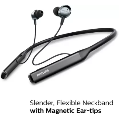 PHILIPS TAPN505 Neckband Earphones with Active Noise Cancellation, Hi-Res Audio Bluetooth Headset Black