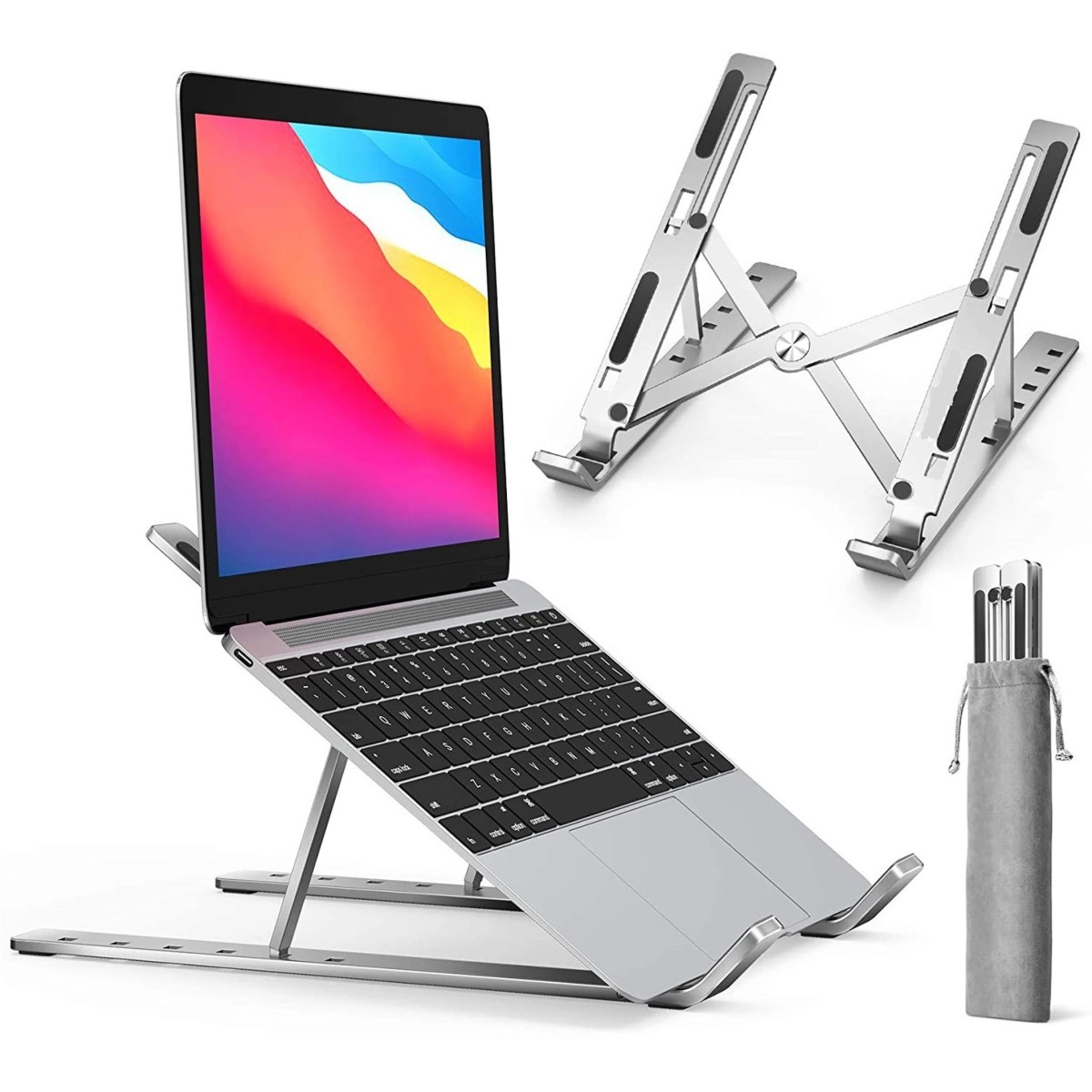 Airtree Adjustable Aluminum Portable Tabletop Laptop Rack Stand for Upto 17 laptops, Tablets, Mobiles, Books with Pouch (Silver)