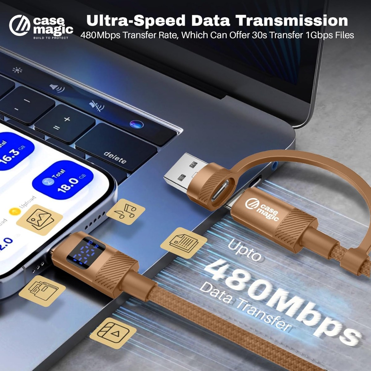 2-in-1 USB-A & Type-C to Lightning Cable (1M/3.3Ft) 27W Fast Charging, LED Display, 480Mbps Data, Durable Nylon Braided Cord for iPhone Universal& Travel-Ready