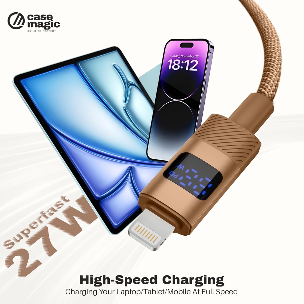 2-in-1 USB-A & Type-C to Lightning Cable (1M/3.3Ft) 27W Fast Charging, LED Display, 480Mbps Data, Durable Nylon Braided Cord for iPhone Universal& Travel-Ready