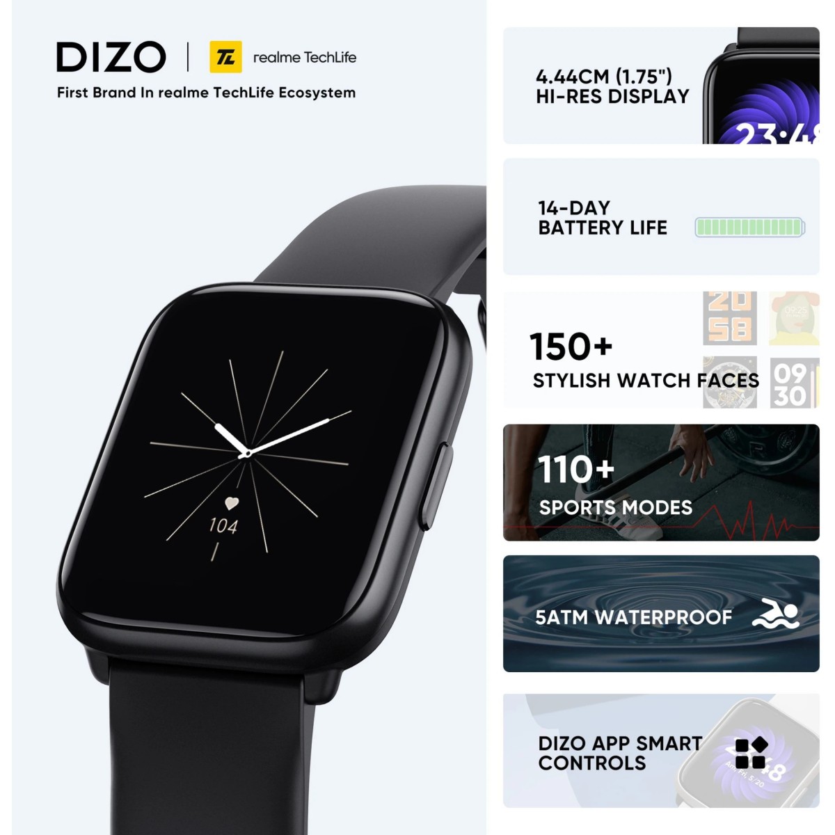 DIZO Watch D Sharp 1.75 with High Res (320*390) Display By realme tech Life Black DW32021