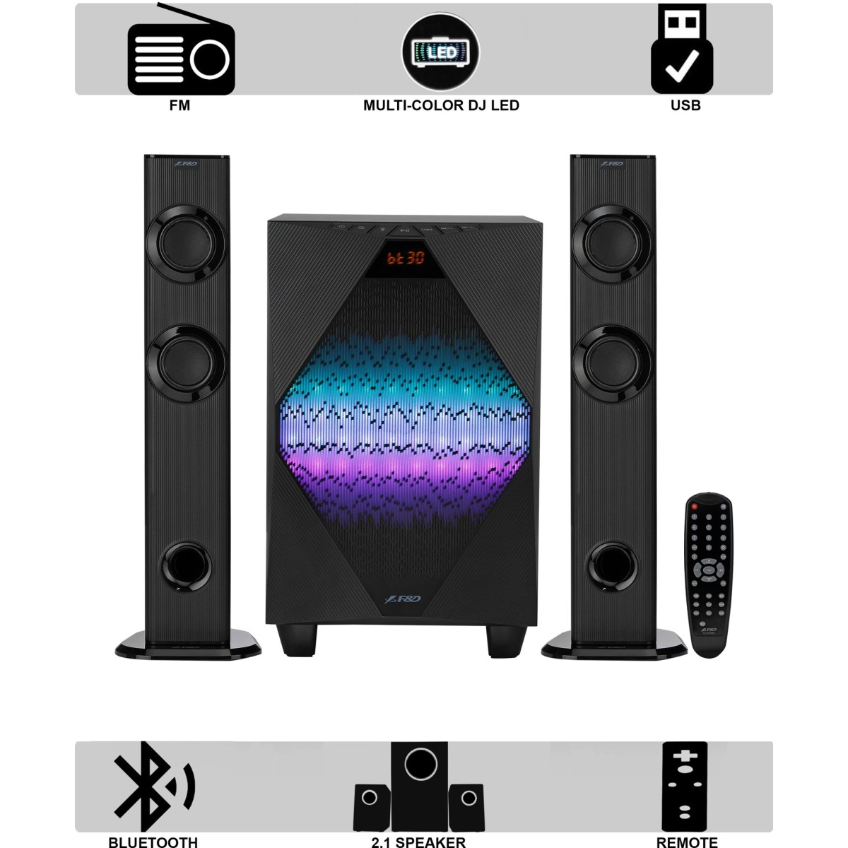 F&D T300X 2.1 Channel Multi Media Speakers (Black) | | Bluetooth Speakers | Satellite Speaker, Multicolor LED Display, USB,MP3,VMA & FM | Home Theatre | Easy Connect with Laptop, Pc & Mobile