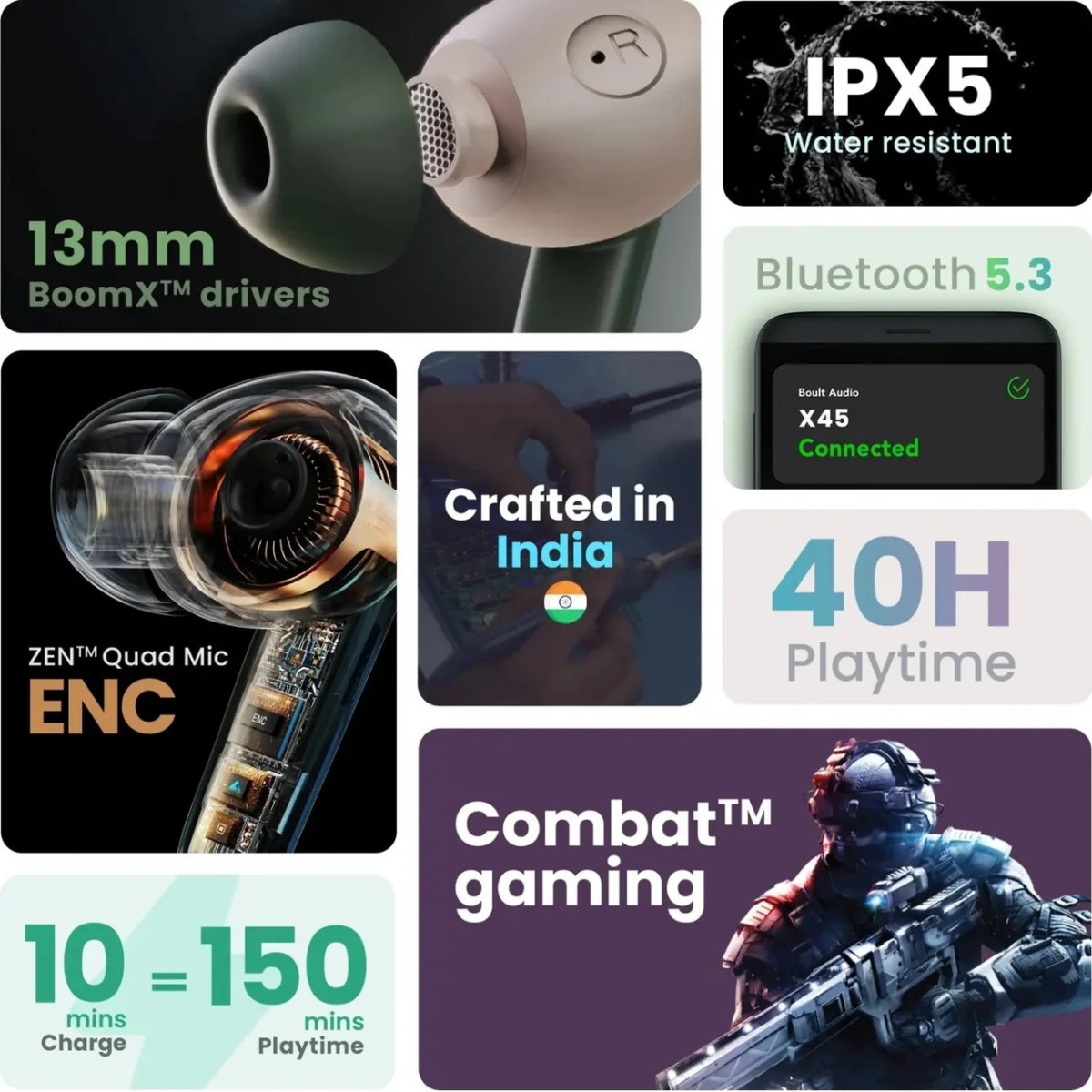 Boult X45 with Quad Mic ENC, 40H Playtime, 45ms (Black, True Wireless)