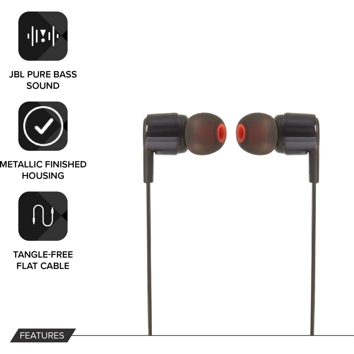 JBL T210 Pure Bass Premium Aluminum Build in-Ear Headphones with Mic & Tangle Free Cable (Black)