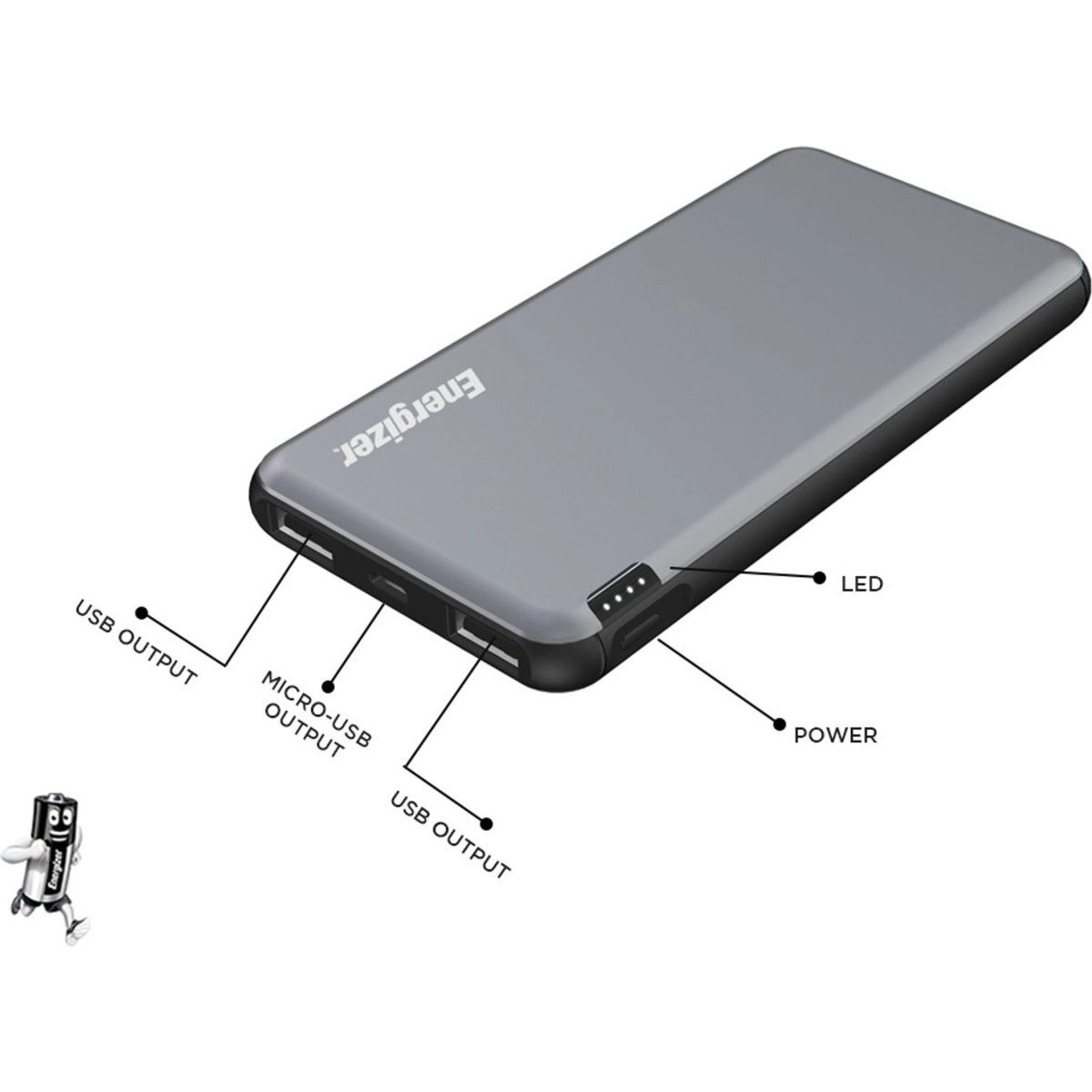 Energizer 10000 mAh Power Bank 10 W, Fast Charging-Grey, Lithium Polymer UE10046