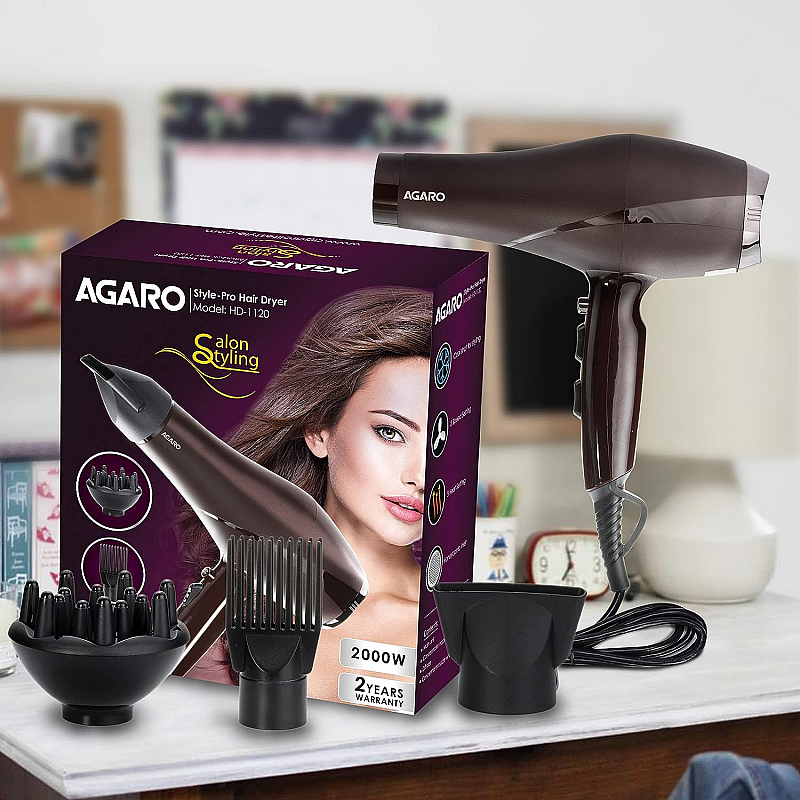 AGARO HD-1120 2000 Watts Professional Hair Dryer with AC Motor, Concentrator, Diffuser, Comb, Hot and Cold  Air For both Men and Women, Black