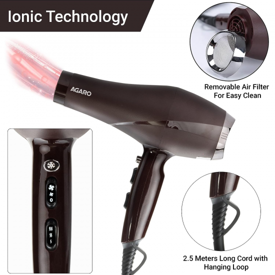 AGARO HD-1120 2000 Watts Professional Hair Dryer with AC Motor, Concentrator, Diffuser, Comb, Hot and Cold  Air For both Men and Women, Black