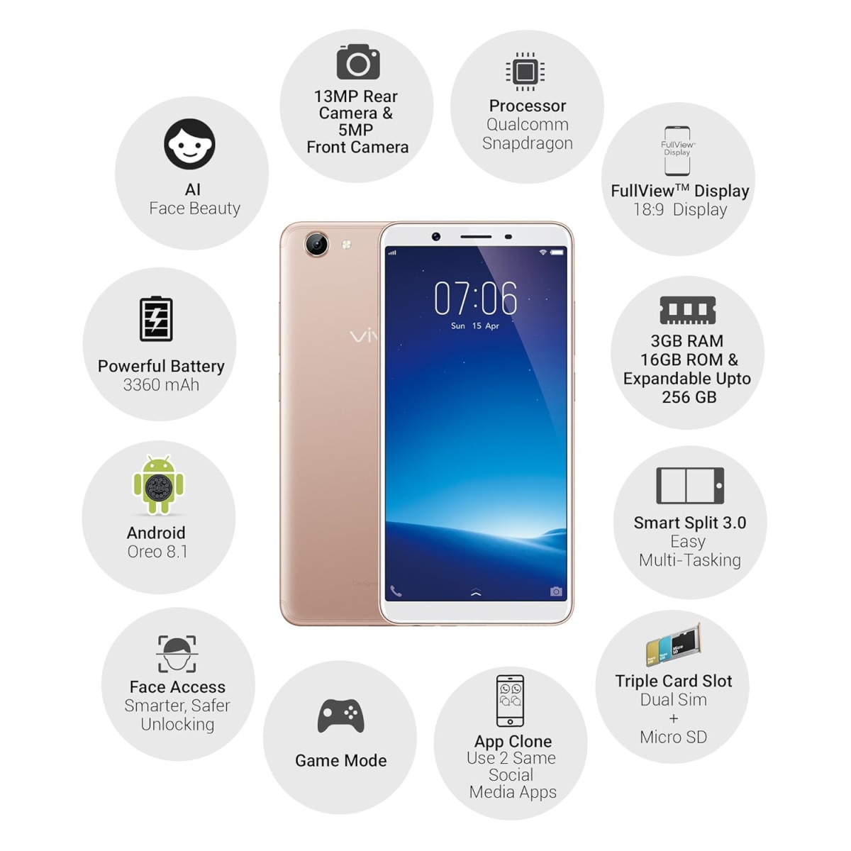 Vivo Y71 Gold 3 GB RAM 16 GB Storage refurbished