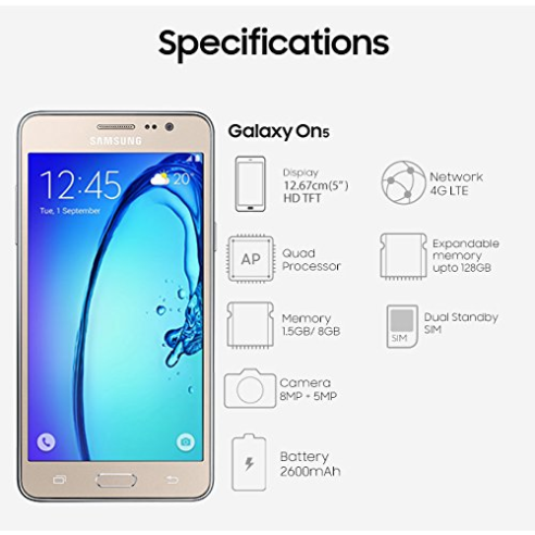 Samsung Galaxy On5 Gold, 8 GB, 1.5 GB RAM Refurbished- Samsung Galaxy On5 Gold, 8 GB, 1.5 GB RAM Refurbished-