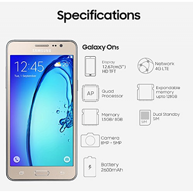 Samsung Galaxy On5 Gold, 8 GB, 1.5 GB RAM Refurbished-