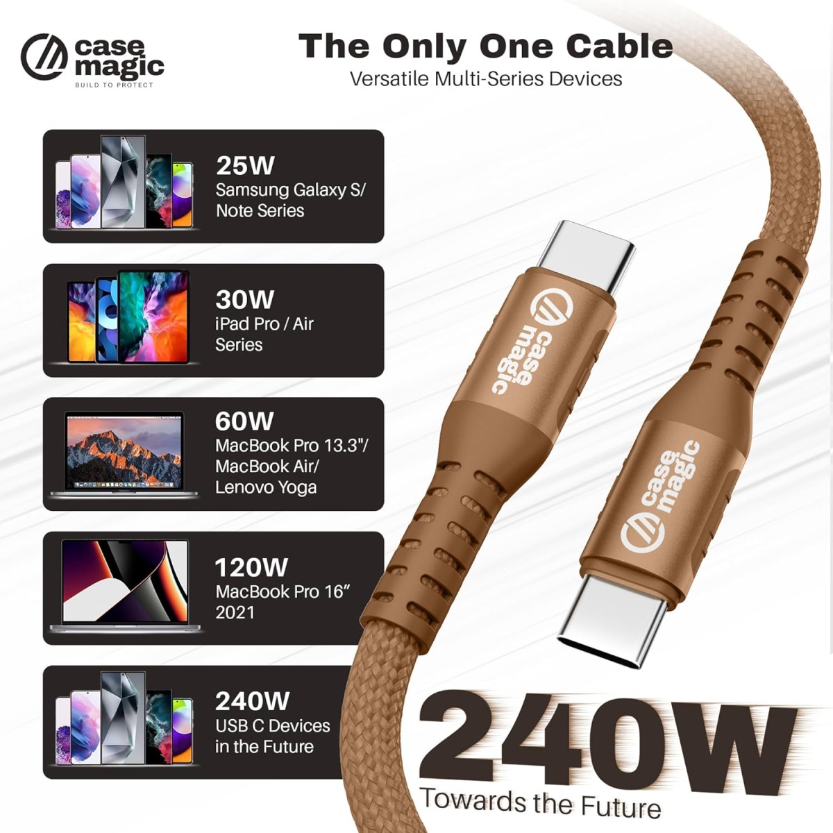 240W Type C Fast Charging Cable 2M Nylon Braided, Power Delivery Cord with Chip, Supports iPhone android & All USB-C Devices (BROWN)
