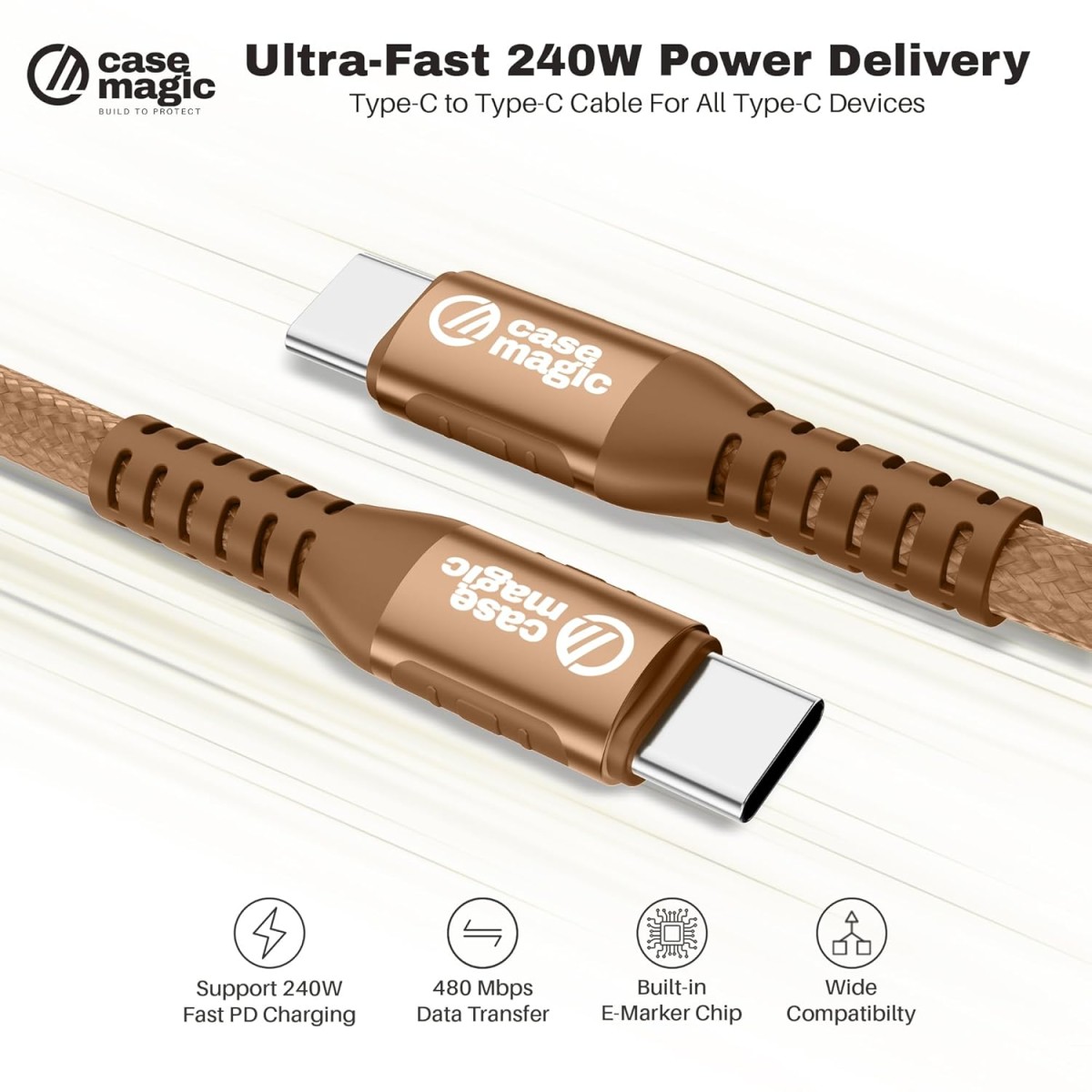 240W Type C Fast Charging Cable 2M Nylon Braided, Power Delivery Cord with Chip, Supports iPhone android & All USB-C Devices (BROWN)