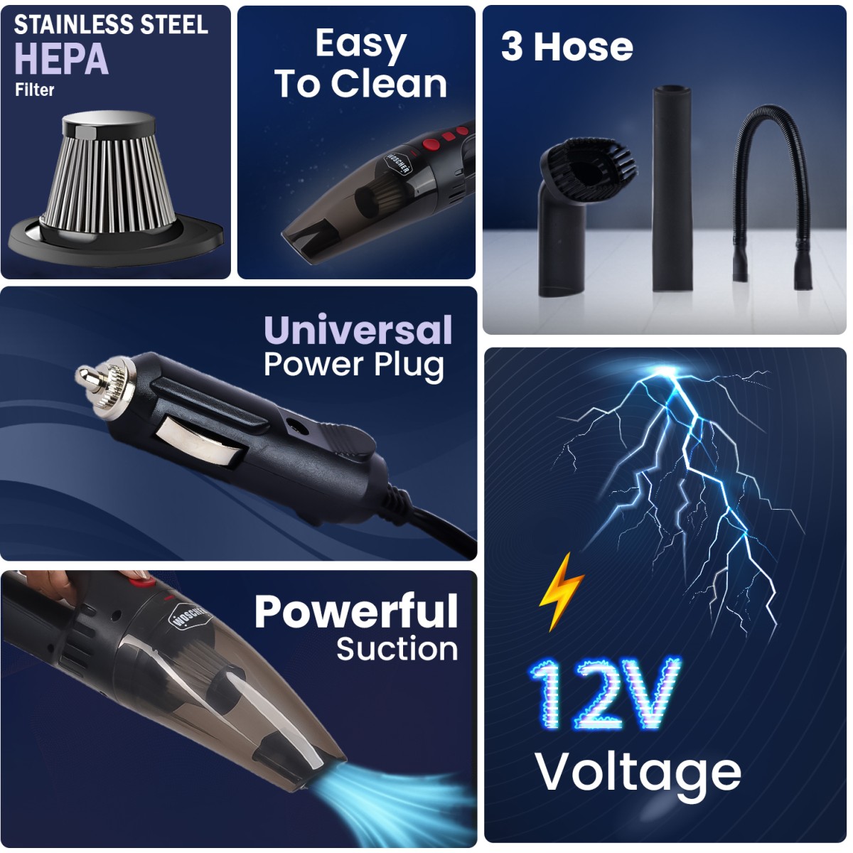 Woscher 1618, 120 W,6000 PA Stainless Steel HEPA Filter Car Vacuum Cleaner