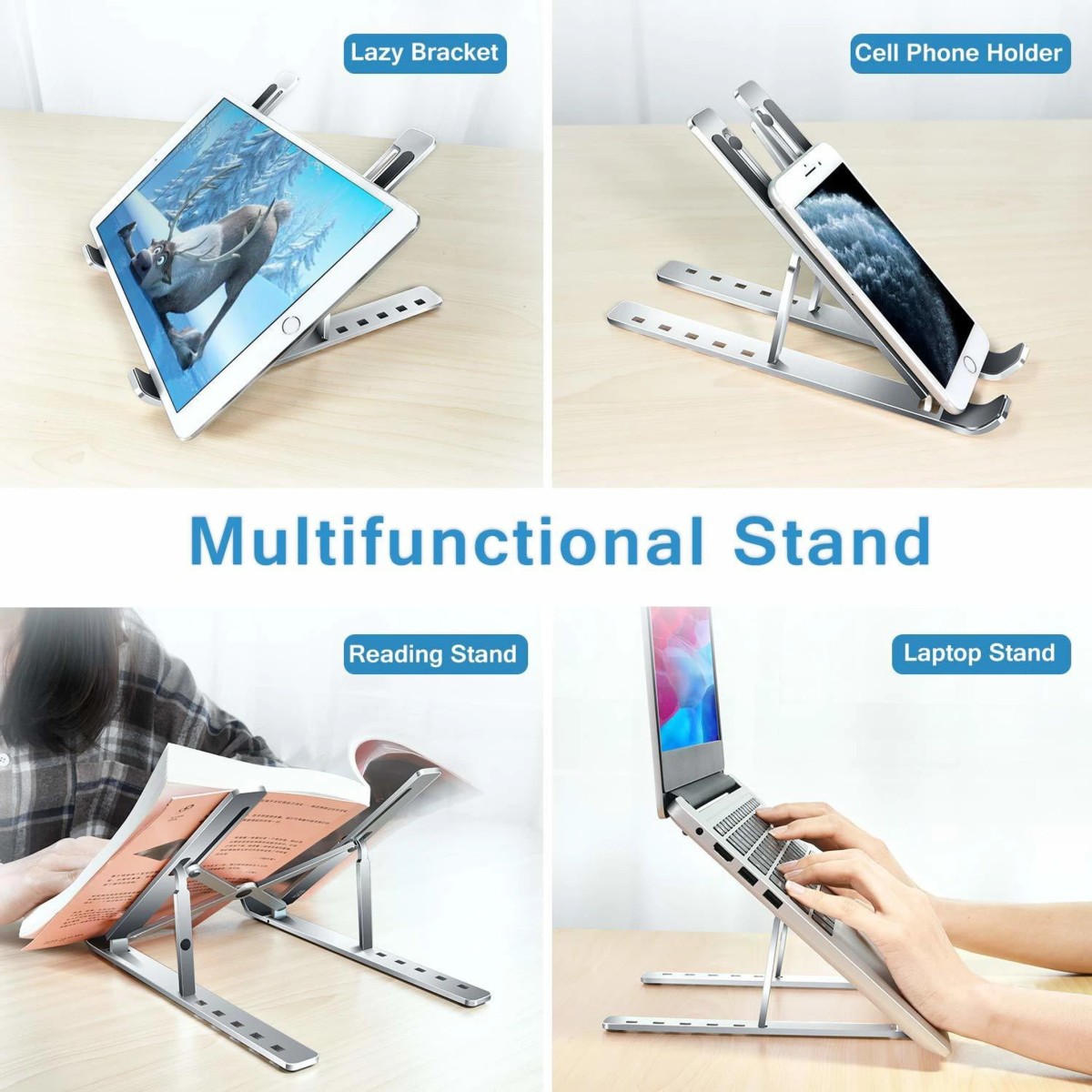 Airtree Adjustable Aluminum Portable Tabletop Laptop Rack Stand for Upto 17 laptops, Tablets, Mobiles, Books with Pouch (Silver)