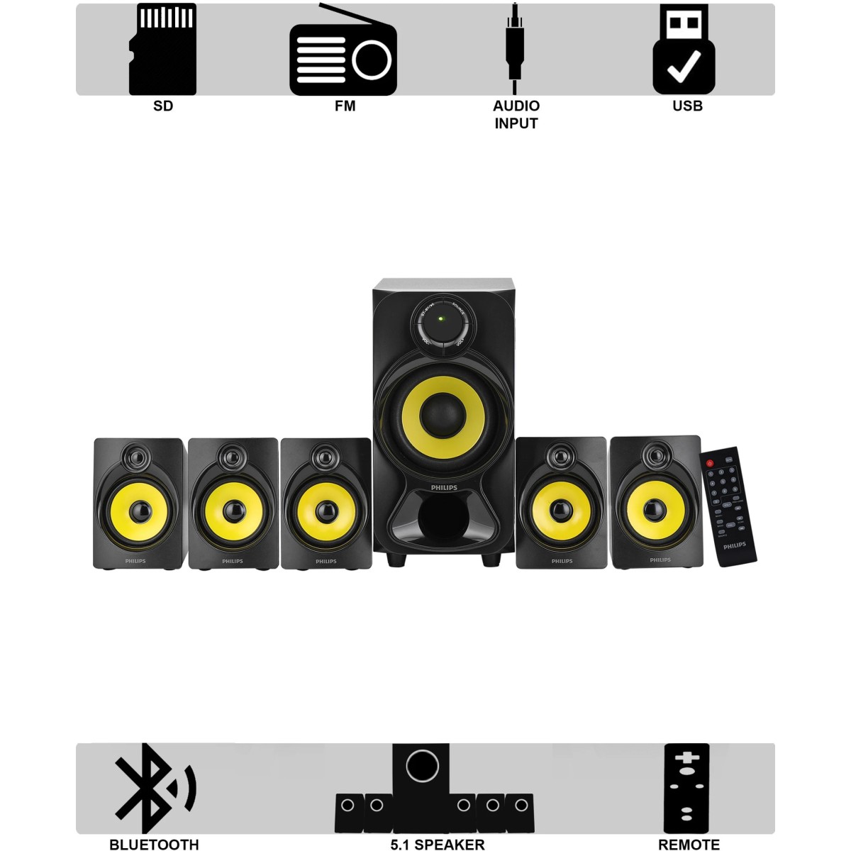 Philips Audios Heart Beat SPA-3800B 5.1 Channel Home Theater System (Black/Yellow)