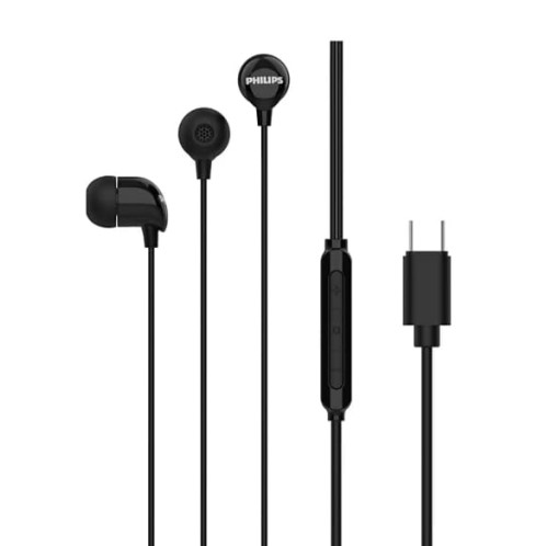 Philips TAE2146BK in-Ear Wired Headphones with USB-C Plug, 10mm Drivers for Deep Dynamic Bass and Clear Sound, in-Line Mic with Call Button, 3 Interchangeable Ear Caps, 1.2m Durable Cable (Black)