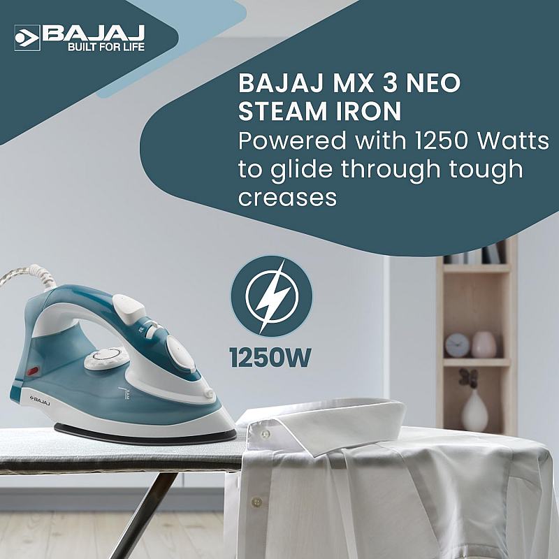 Bajaj Plastic Mx 3 Neo Steam Iron 1250 Watts Power For Faster Ironing Blue