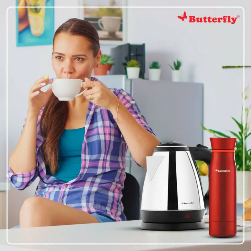 Butterfly Rapid Electric Kettle (1.5 L, Black) and H&O 500ML Flask (Terracotta Red)