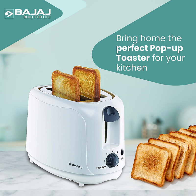 Bajaj ATX 4 750-Watt 2-Slice Pop-up Toaster Dust Cover Slide Out Crumb Tray 6-Level Browning Controls Mid-Cycle Cancel Feature White Electric Toaster