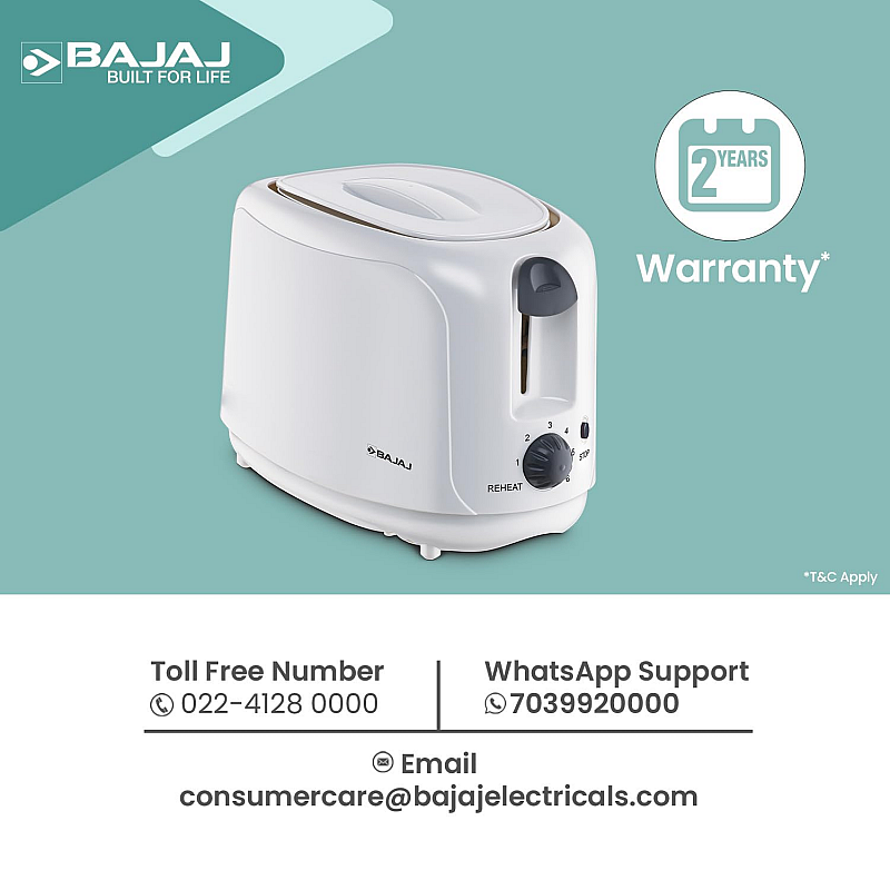 Bajaj ATX 4 750-Watt 2-Slice Pop-up Toaster Dust Cover Slide Out Crumb Tray 6-Level Browning Controls Mid-Cycle Cancel Feature White Electric Toaster