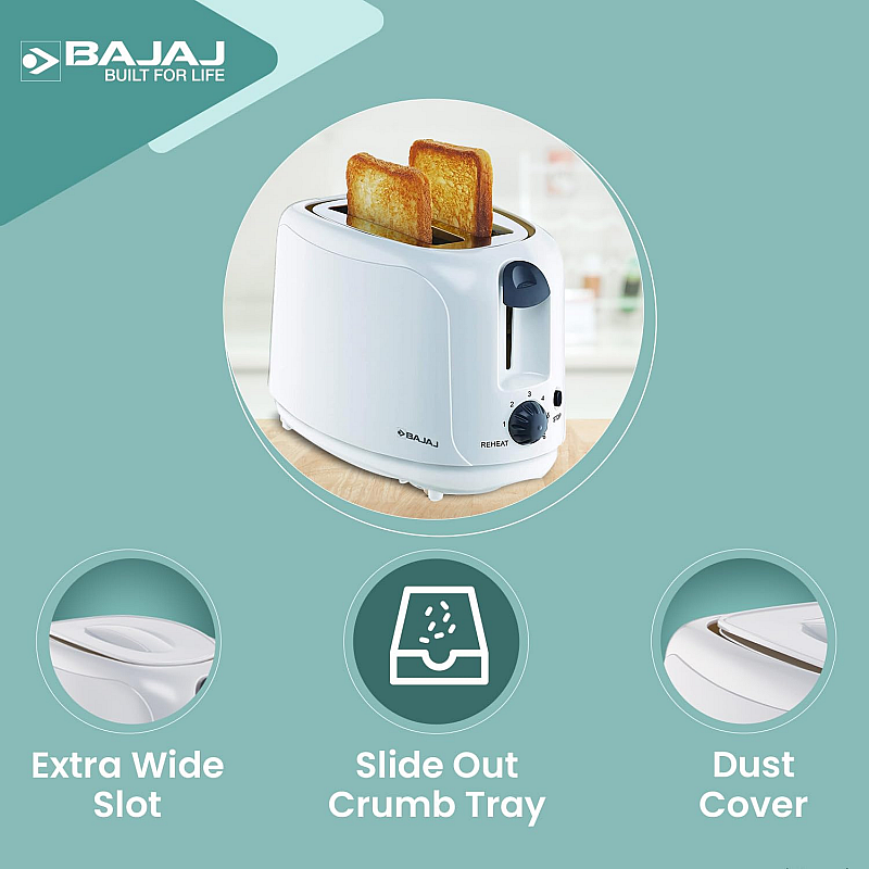 Bajaj ATX 4 750-Watt 2-Slice Pop-up Toaster Dust Cover Slide Out Crumb Tray 6-Level Browning Controls Mid-Cycle Cancel Feature White Electric Toaster