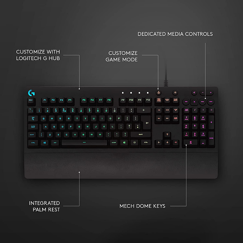 Logitech G213 Light sync RGB, Spill-resistant, Palm-rest, Customizable Keys Wired USB Gaming Keyboard  (Black)