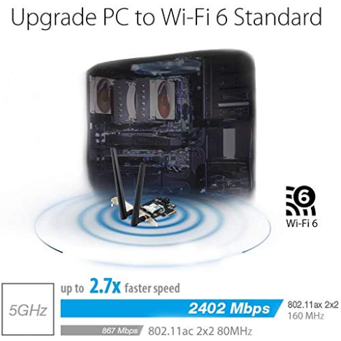 ASUS PCE-AX3000 Dual Band PCI-E WiFi 6 (802.11ax). Supporting 160MHz, Bluetooth 5.0, WPA3 Network Security ASUS PCE-AX3000 Dual Band PCI-E WiFi 6 (802.11ax). Supporting 160MHz, Bluetooth 5.0, WPA3 Network Security