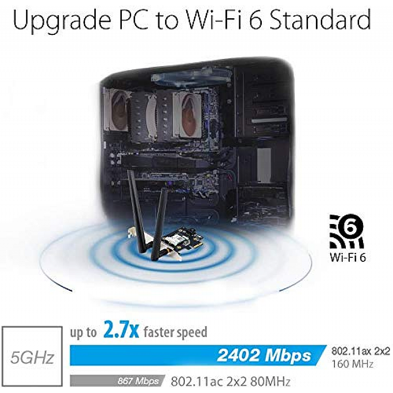 ASUS PCE-AX3000 Dual Band PCI-E WiFi 6 (802.11ax). Supporting 160MHz, Bluetooth 5.0, WPA3 Network Security