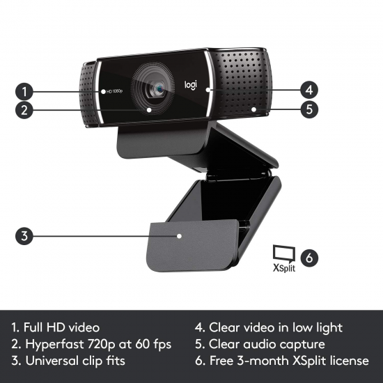 Logitech C922 Pro Stream Webcam, HD 1080p/30fps or HD 720p 60fps  - Black
