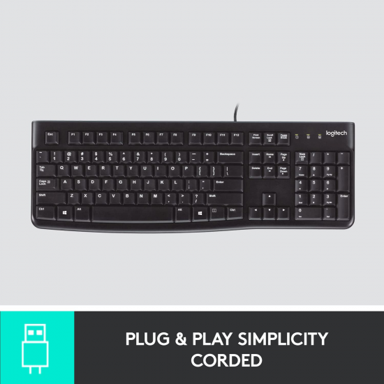 Logitech K120 Wired Keyboard for Windows, USB Plug-and-Play Full-Size, Spill Resistant