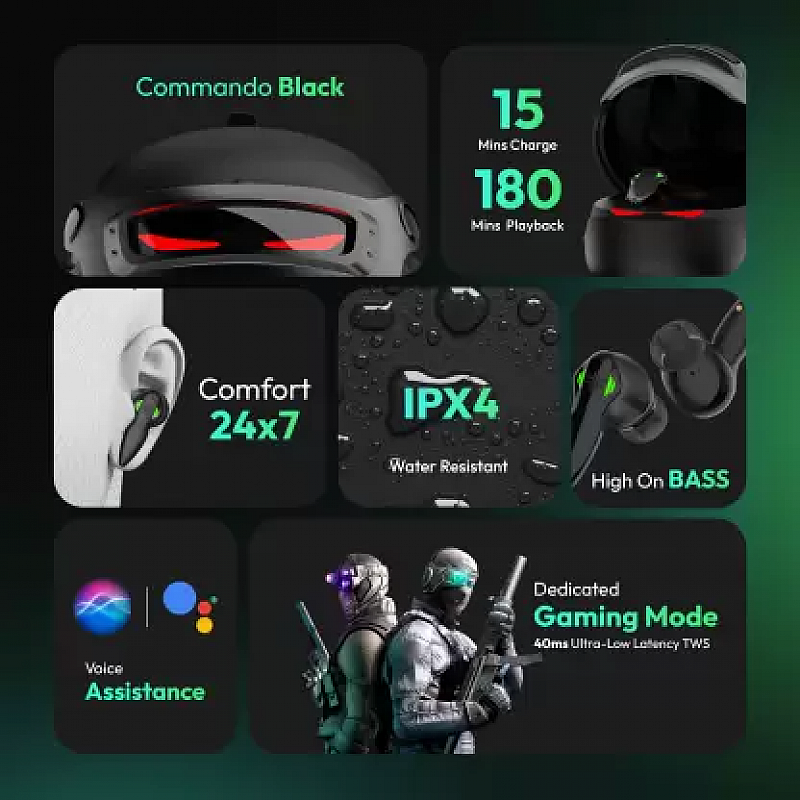 Number Super Buds Pro GT9 Helmet MEMS 48 Hrs Battery Bluetooth Gaming Headset Commando Black