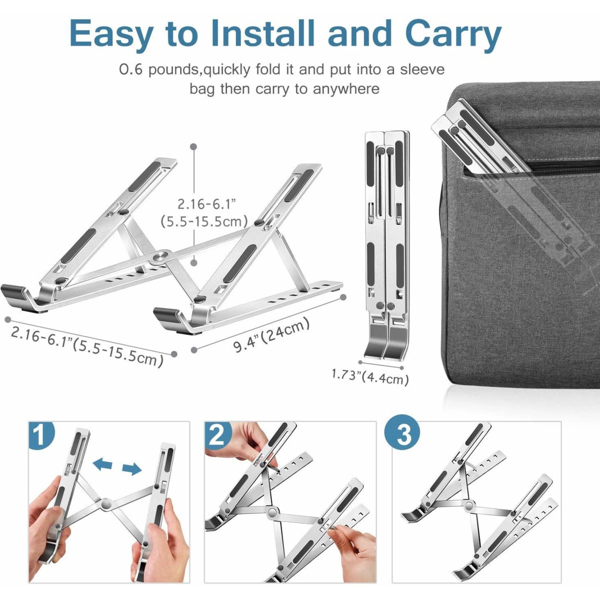 Airtree Adjustable Aluminum Portable Tabletop Laptop Rack Stand for Upto 17 laptops, Tablets, Mobiles, Books with Pouch (Silver)