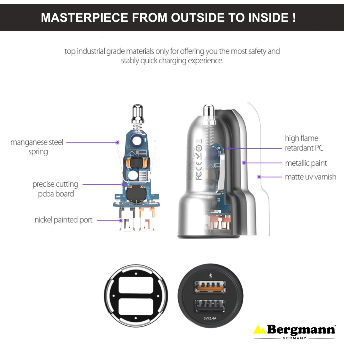 Bergmann 27 W Qualcomm 3.0 Turbo Car Charger (Black, Silver, With USB Cable)