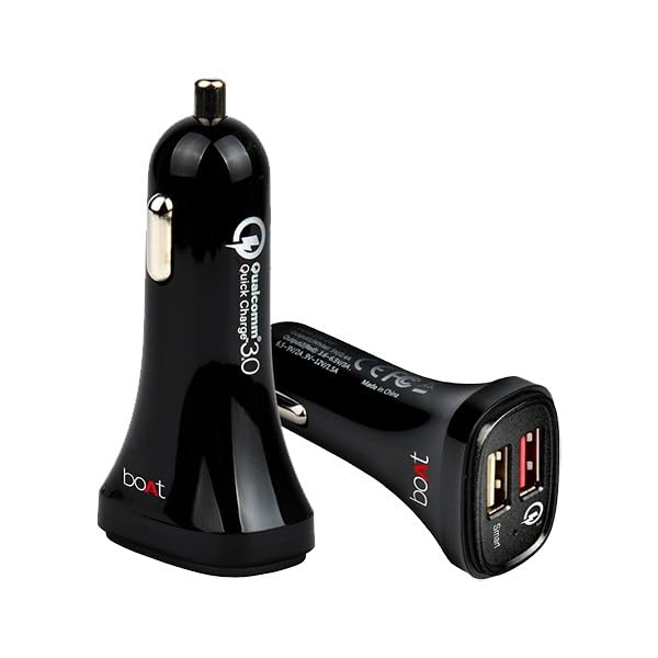 Boat Dual Port Rapid Car Charger (Qualcomm Certified) Smart Charging with 120V Quick Charge 3.0 Compatible with Apple Devices + Free Type C USB Cable - Black Boat Dual Port Rapid Car Charger (Qualcomm Certified) Smart Charging with 120V Quick Charge 3.0 Compatible with Apple Devices + Free Type C USB Cable - Black