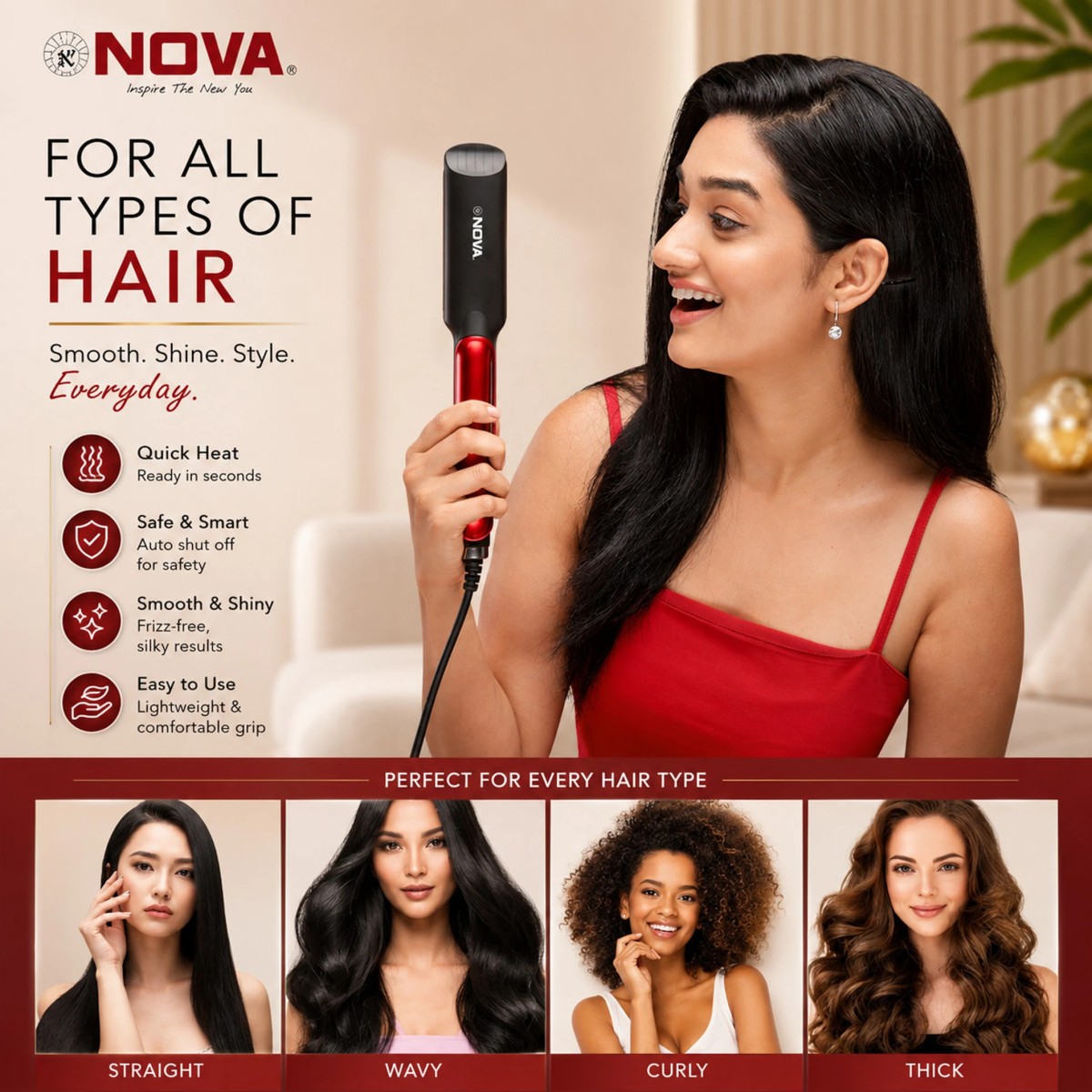 Manya Impex Nova Professional Hair Straightener Temperature Control NHS 870 (Black/Red)