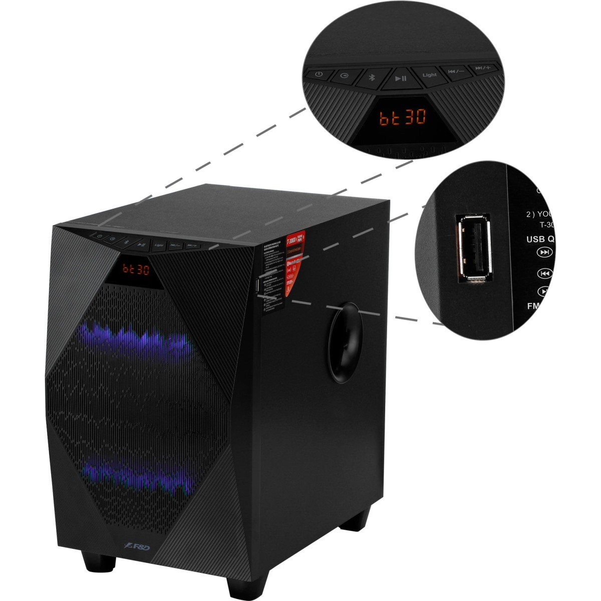 F&D T300X 2.1 Channel Multi Media Speakers (Black) | | Bluetooth Speakers | Satellite Speaker, Multicolor LED Display, USB,MP3,VMA & FM | Home Theatre | Easy Connect with Laptop, Pc & Mobile