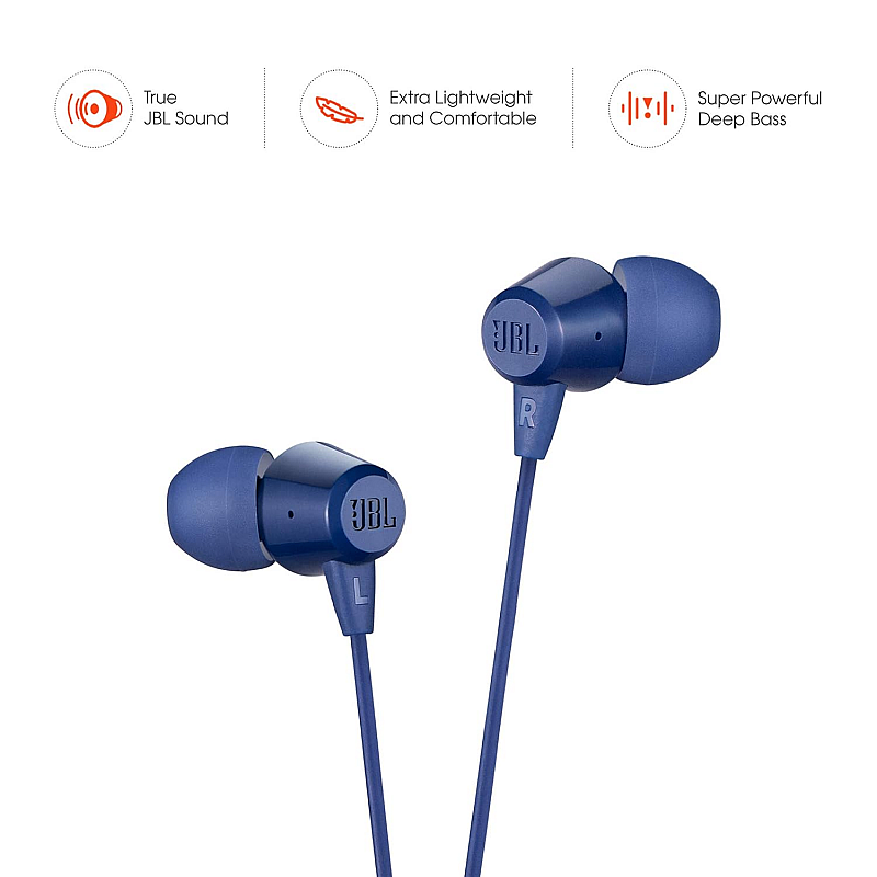 JBL C50HI, Wired in Ear Headphones with Mic Lightweight And Comfortable Fit Blue