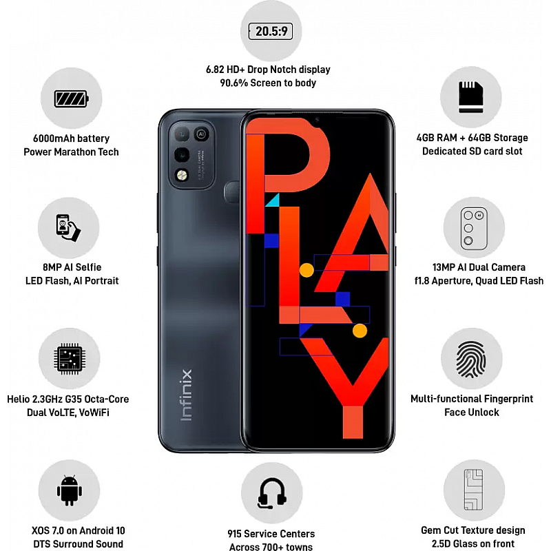 Infinix Hot 10 Play | Obsidian Black | 4GB RAM, 64GB Storage Refurbished