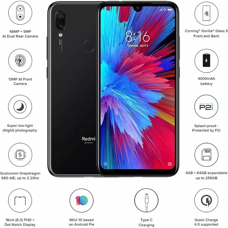 Redmi Note 7S (Onyx Black, 64GB, 4GB RAM) Refurbished 