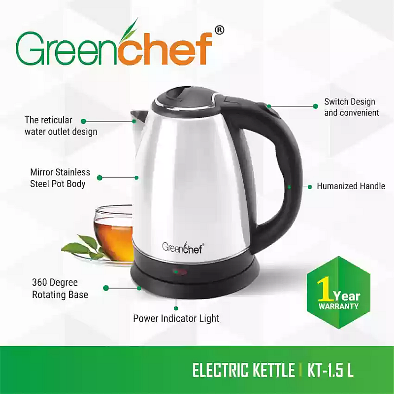 Greenchef Kettle 1.5L Flex 900 ML Stainless Steel water Bottle Electric Kettle  (1.5 L, Silver, Black)