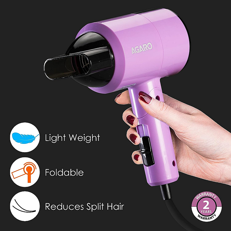 AGARO HD-1211 Hair Dryer 1100 Watts, 2 Heat Speed and Cool Mode, Foldable (Compact in Size) Purple