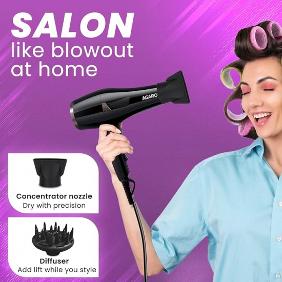 AGARO HD-1150 2200 Watts Professional Hair Dryer with Concentrator, Diffuser & Cool Shot Button- Black