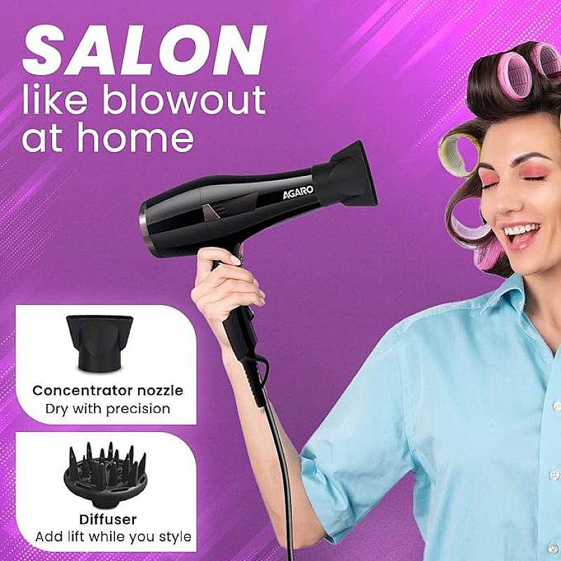 AGARO HD-1150 2200 Watts Professional Hair Dryer with Concentrator, Diffuser And Cool Shot Button- Black