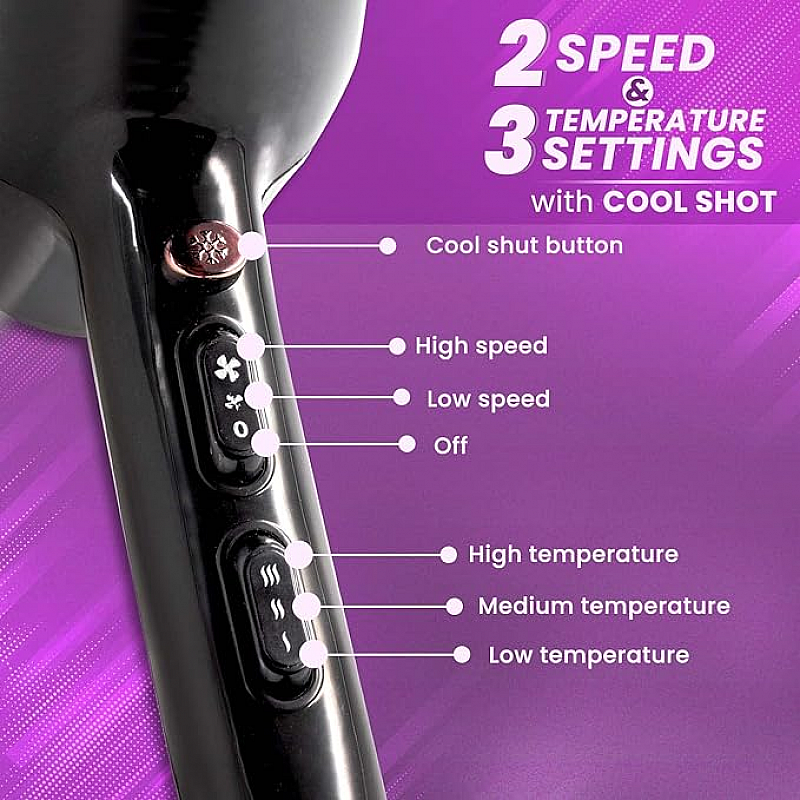 AGARO HD-1150 2200 Watts Professional Hair Dryer with Concentrator, Diffuser And Cool Shot Button- Black